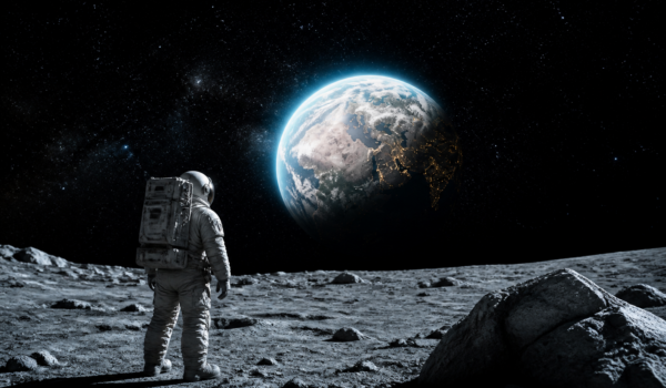 Astronaut pe suprafața Lunii privind Pământul răsărind