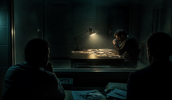 Sala de interogatoriu întunecată, atmosferă de documentar true crime