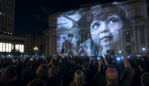 Mulțime într-o piață publică urmărind o proiecție documentară