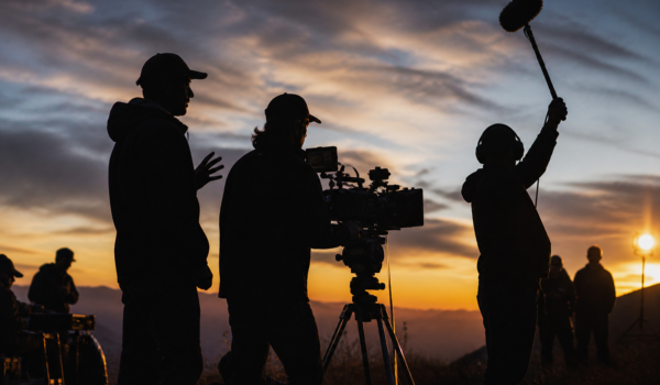 Echipă de filmare documentar în spatele scenelor la apus