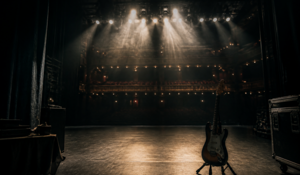 Scenă de concert goală văzută din culise cu o chitară electrică
