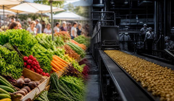 Contrast între piață de legume proaspete și fabrică alimentară industrială