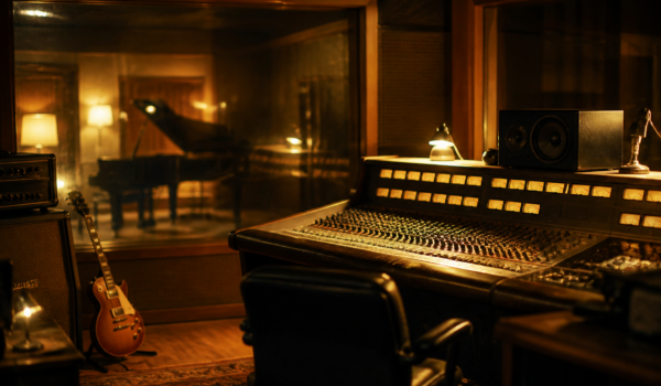 Studio de înregistrare vintage cu consolă analogică de mixaj