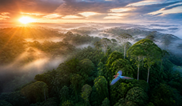Vedere aeriană a unei păduri tropicale cu pasăre macaw zburând