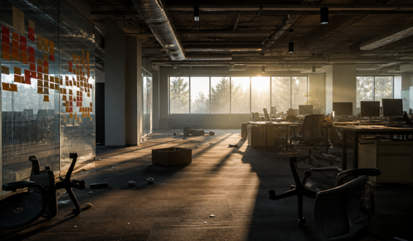 Birou de startup abandonat cu scaune răsturnate și lumini dramatice
