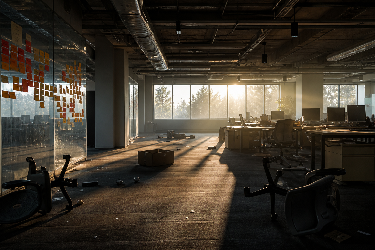 Birou de startup abandonat cu scaune răsturnate și lumini dramatice