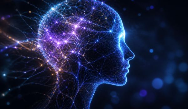 Silueta unui cap uman format din rețele neuronale luminoase