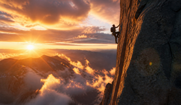 Alpinist solo pe un perete de granit la apus