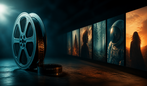 Concept de film documentar versus docuserial pe fundal întunecat