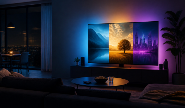 Living modern noaptea cu ecranul televizorului aprins